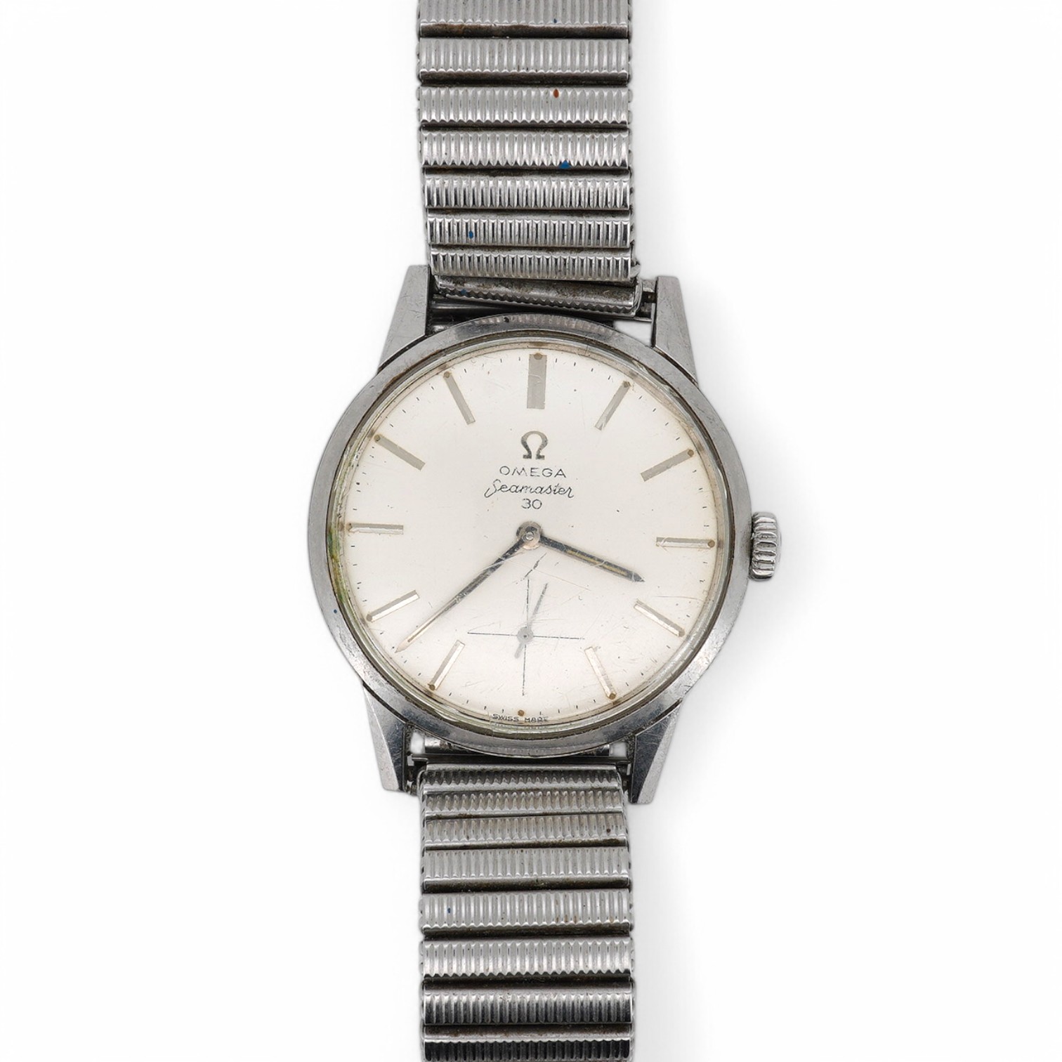 A gentleman's stainless steel Omega Seamaster 30 manual wind wrist watch, with baton numerals, case diameter 36mm, on an associated flexible strap, no box or papers. Condition - poor